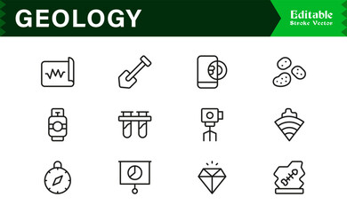 Fototapeta premium Geology Earth Science Line Icon Collection,Mineral,Microscope,Pickaxe,Gold Ingot,Planet,and Crystal Editable Vector Icons