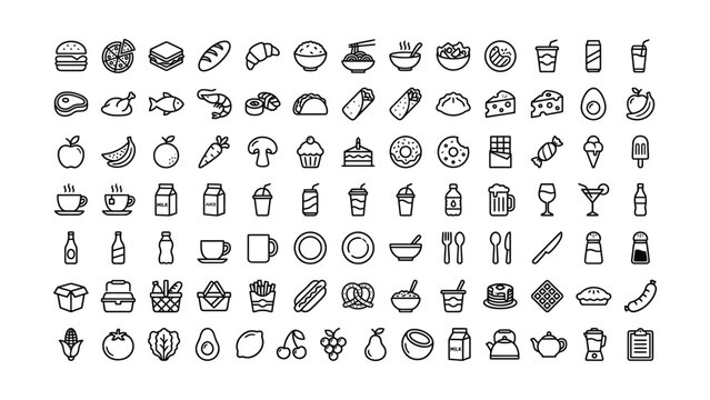 Large collection of delicious food drink and cooking outline icons representing various restaurant menu items vector illustration