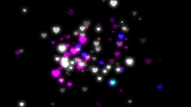Romantic colorful and white heart particles animation with floating love icons, glowing valentine hearts, wedding celebration overlay, cinematic motion graphics, seamless loop on black background, 4k