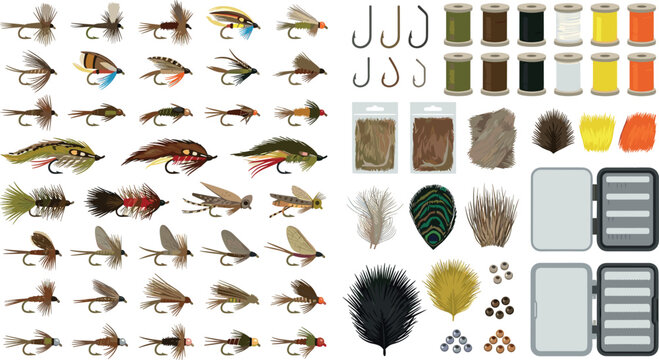 Vintage fly tying materials and artificial fishing flies kit featuring colorful feathers threads hooks beads flies boxes and angling gear vectors