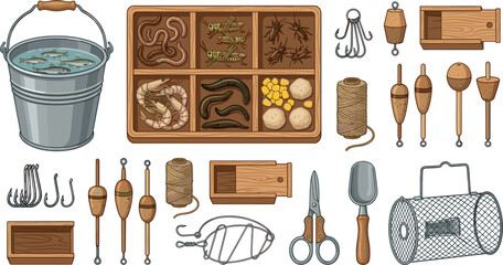 Vintage wooden fishing tackle box gear kit featuring bait organizer bucket worms bobbers hooks rope and classical angling equipment vectors © MdAbdul