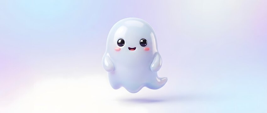 Cute cartoon ghost character floating in pastel background