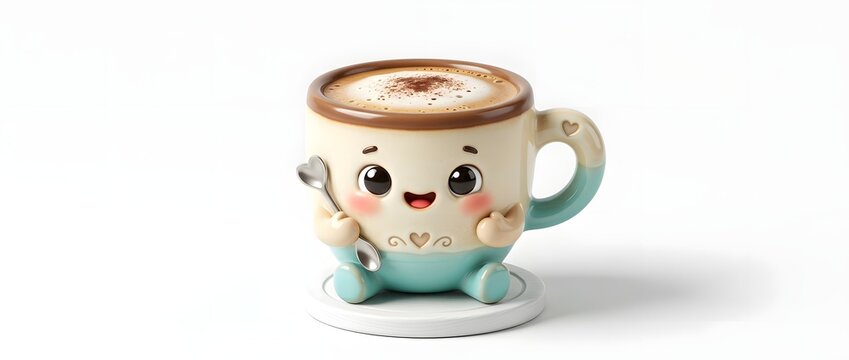 Cute coffee mug character with spoon and latte art on white background
