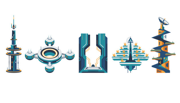 Collection of five unique futuristic buildings and sci-fi architectural structures on a clean white background.