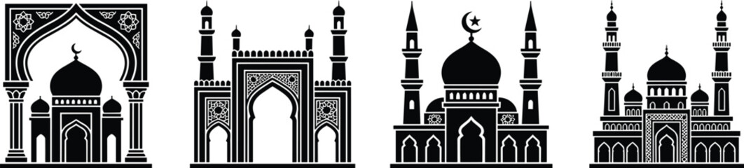Set of mosque silhouettes, islamic architecture icons, traditional religious buildings with domes and minarets © Mahfujahmmed