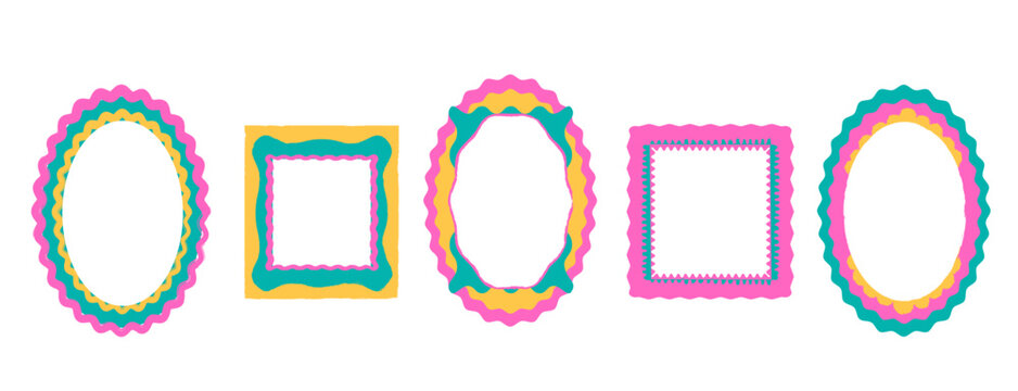 Frame border cute retro squiggly wavy shape for kids. Colorful scalloped groovy design with oval and geometric shapes. Great for cards and creative projects.