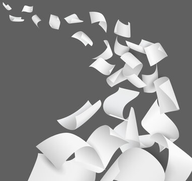 Flying sheets of paper. Realistic white blank 3D pages disappearing into distance. Bureaucracy archives. Folded office notepaper. Soaring scattered notes. Vector curled documents flow
