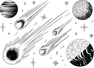 Space Astronomy Collection With Shooting Stars And Celestial Bodies Minimal Flat Design Vector © MstHasina