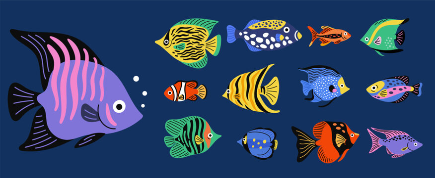 Colorful exotic fish. Marine animals. Underwater wildlife. Tropical sea water inhabitants. Bright aquarium goldfish. Swimming cartoon angelfish.. Undersea clownfish. Garish vector set