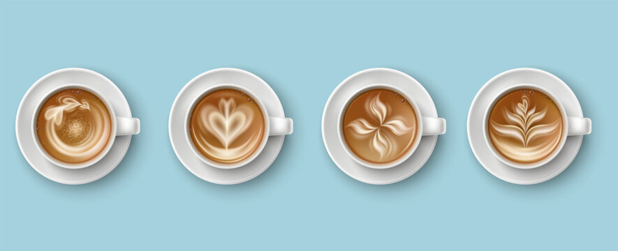 Coffee cups. Various realistic cappuccino designs. Porcelain pairs top view. Hot drinks with milky foam. Delicious mocha. Ceramic 3D tableware. Barista beverage. Latte art mugs vector set