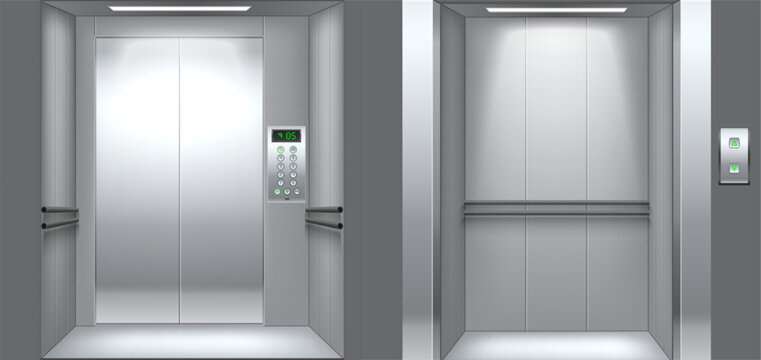 Realistic elevator cabin. Empty interior lift front and inside views. Chrome plated metal doors. Lobby entrance with buttons and electronic floor indicator panel. Vector sliding doorways