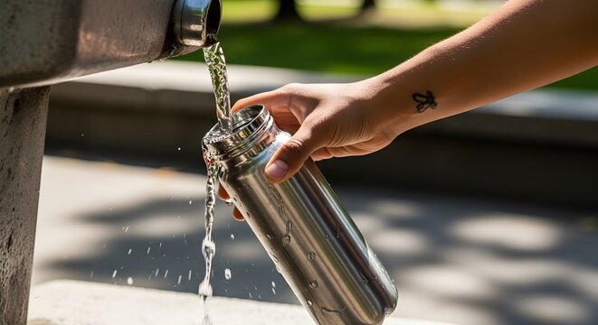 Person filling reusable stainless steel bottle with fresh water from a public outdoor drinking fountain