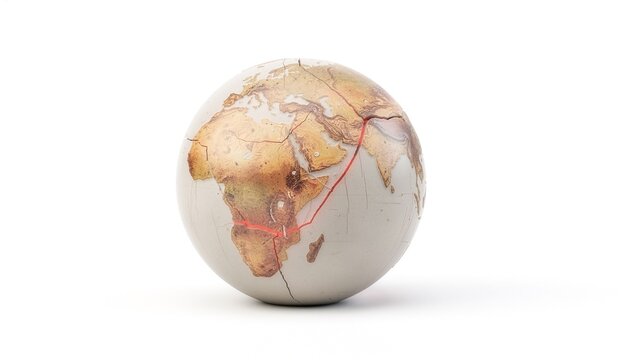 Dry cracked globe with Africa, Europe, and Asia in view, featuring a glowing red fissure on a clean white background. Conceptual visual for extreme heat, drought, climate change, and El Ni&ntilde;o.