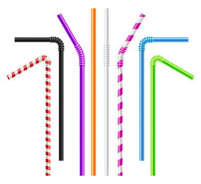 Realistic drinking straws. Colorful flexible plastic sticks for cold beverages. Flexible paper accessories for bars. Disposable striped tubes for juice and soda. Vector cocktail tools set