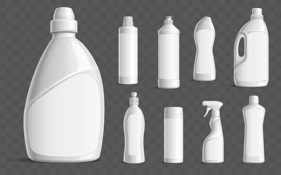 Realistic detergent bottles. Insulated white plastic containers for household cleaning products. 3D mockup of empty cleaning product packaging. Dishwashing jar. Vector cleaner packages set