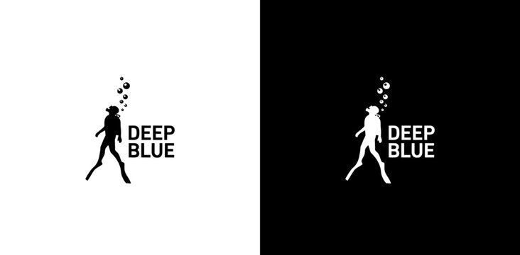 Scuba diver silhouette logo design with text on white and black background