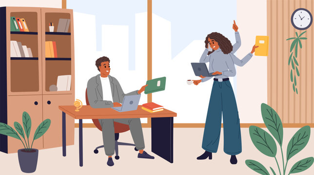 Multitasking career woman. Secretary with many talents. Best office worker. Time management. Work productivity. Successful businessman assistant with multiple hands. Vector concept