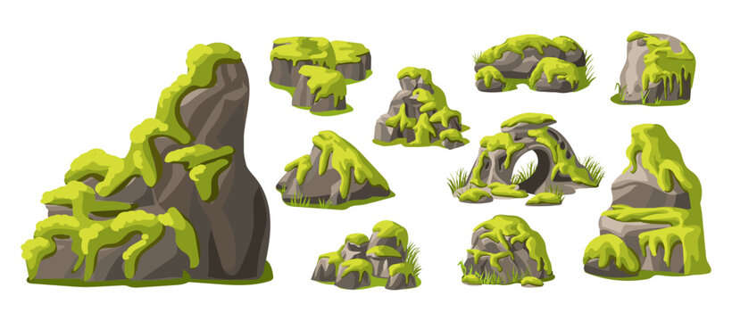 Moss on rocks. Creeping marsh lichen. Green microvegetation. Tufted plants. Morass fungus. Overgrown stone. Granite boulder with micro growth. Vector set of cliffs with mossy elements