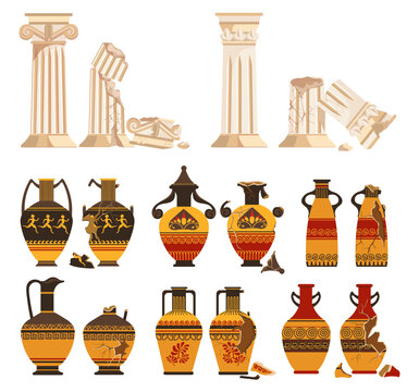 Intact and cracked ancient Greek vases. Broken pottery. Marble columns with fissures. Historical tableware. Traditional clay amphorae. Corinthian colonnade. Vector antique elements set