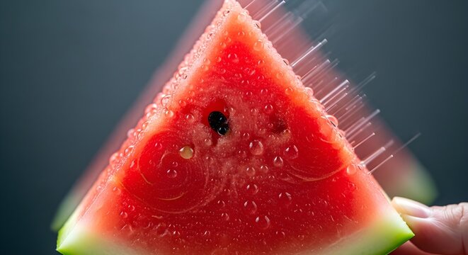 Hand holding a juicy slice of red watermelon with water droplets on dark background
