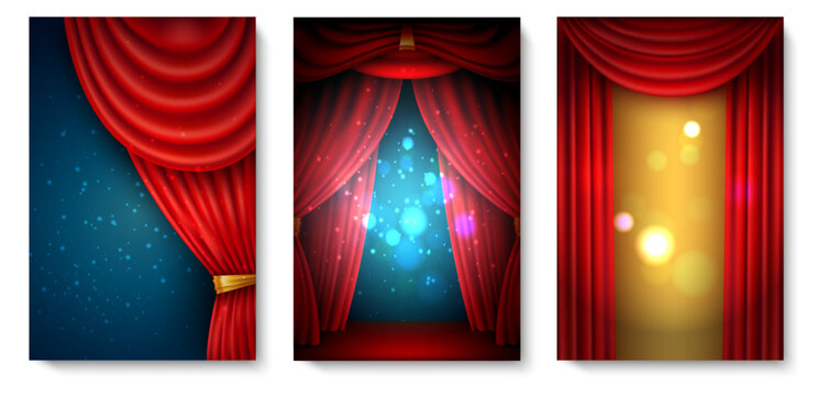 Curtain cards. Comedy and theater posters with realistic red frames. Elegant designer posters for art performances. Light sparkles. Presentation background. Vector opera drapery banners set