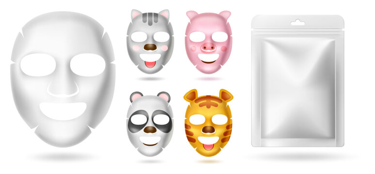 Cosmetic face mask. Realistic cotton covers with images of different animal muzzles. Panda, tiger, cat or pig moisturizing patches. Skin care beauty product package. Vector 3D mockups set