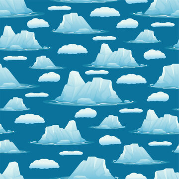 Chunks of blue ice float in ocean. Iceberg in water seamless pattern. Repeated print. Arctic rocks in cold aqua. Drifting polar bergs. Frozen glaciers. Icy mountain. Vector background