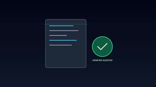 Verified audited digital document scan animation with checkmark for business compliance and data security 4k