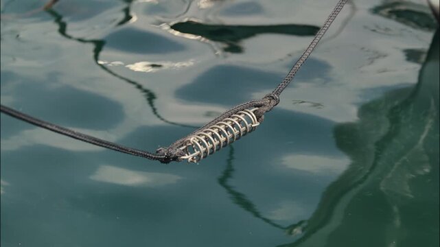 Close up of a mooring rope with a metal shock absorber spring stretched above calm marina water.