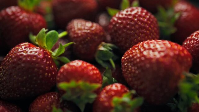 Pile of freshly harvested strawberries with green leaves rests on wooden table, arranged for summer berry dessert preparation, indicating seasonal harvest and use of natural fruit in healthy recipe