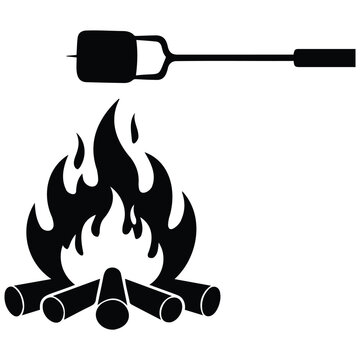 Roasting marshmallow over campfire silhouette vector illustration. sweet treat line art design.