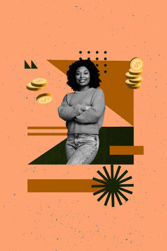 Art poster collage of person crossed hands with flying coins on orange background