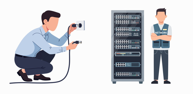 Network technician installing Cisco switch in server rack with colleague