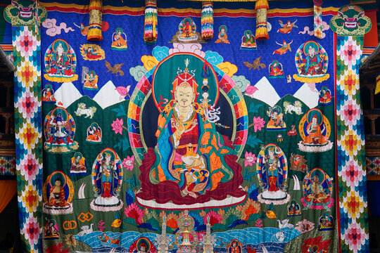 Bhutan in the village of Bumthang, beautiful rare holy curtain. A silken Patchwork and embroidery piece, temporary exposed on the yearly festival of Jakar.	