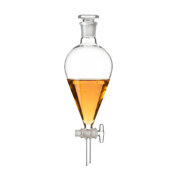 Separatory glass funnel with amber liquid, transparent extraction chemistry glassware isolated on transparent background, scientific design element
