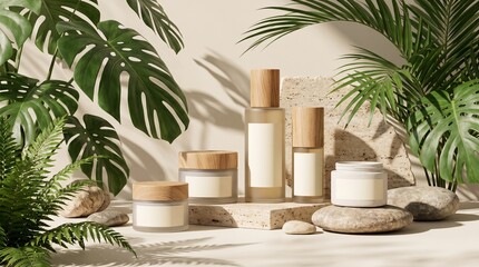 Fototapeta premium Cosmetic packaging with tropical leaves. Natural skincare products on stone podiums.