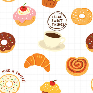 Sweet Cake Seamless Pattern Vector, Colorful Cartoon Bakery Desserts Background for Nursery and Baby