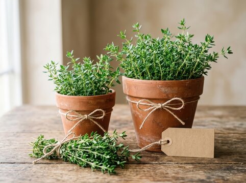 Fresh green thyme herbs growing in rustic clay pots with a blank paper tag on an old wooden table for cooking and kitchen decor