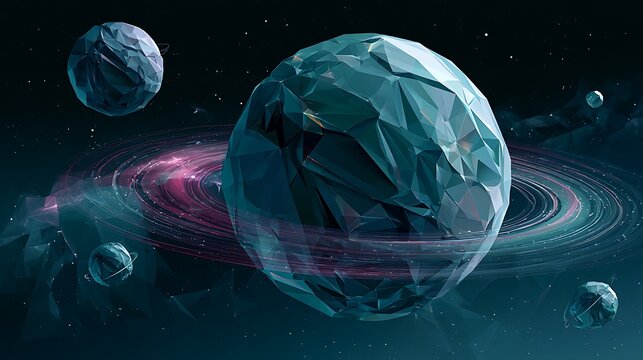 Low poly textured planet with luminous rings in space sci fi astronomy