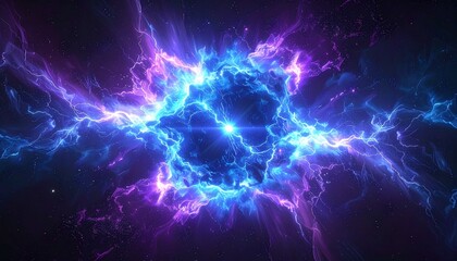 Fototapeta premium 宇宙空間での青と紫の電撃とネビュラが横方向に広がる強烈なエネルギー爆発、SF調背景素材