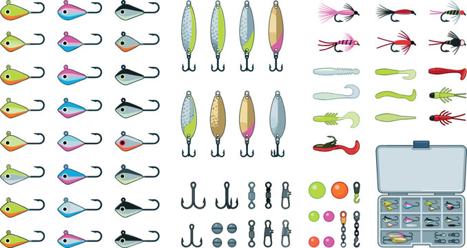 Ice fishing jigs and winter tackle kit featuring colorful tungsten jigs spoons flies soft plastics hooks beads and gear box vectors