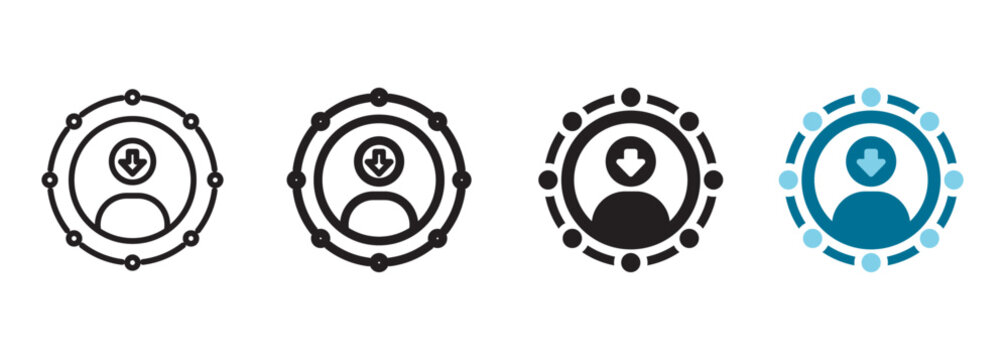 Confined space entry icon with worker profile inside a circular access hatch with downward arrow representing smart factory safety compliance, digital manufacturing worker protection, tech protocols.