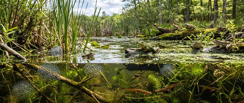 Over under view of natural wetland ecosystem with wildlife habitat