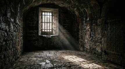 Fototapeta premium Dark prison cell with barred window. Old stone dungeon interior with dramatic light rays.