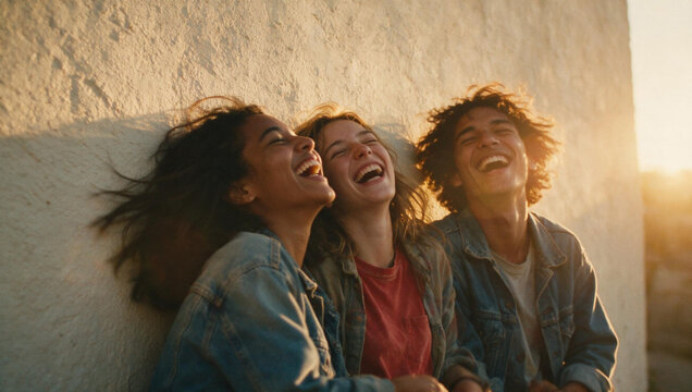 Three diverse young adult friends laughing together outdoors in warm sunlight. Candid unposed group of people sitting and leaning against a white wall. Authentic friendship and youth lifestyle concept
