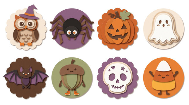 Cute 3D layered papercraft Halloween character sticker set with cutout pumpkin ghost and owl on dark background