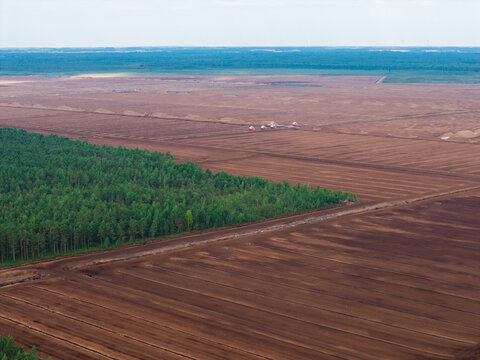 Aerial view of Kaigu Bog Nature Reserve showing the contrast between the dark peat extraction fields and the surrounding green forest in Kaigu ciems, Jelgavas novads, Latvia.