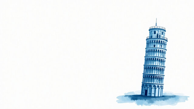 Blue watercolor silhouette of Leaning Tower of Pisa on white background with clean composition and soft artistic effects