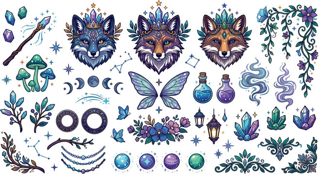 Mystical fantasy fox head vector asset element set with magic crystals potions mushrooms butterfly wings and celestial moon symbols