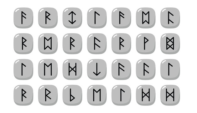 Ancient runic symbols on rounded grey buttons representing the elder futhark alphabet and nordic mythology icons.